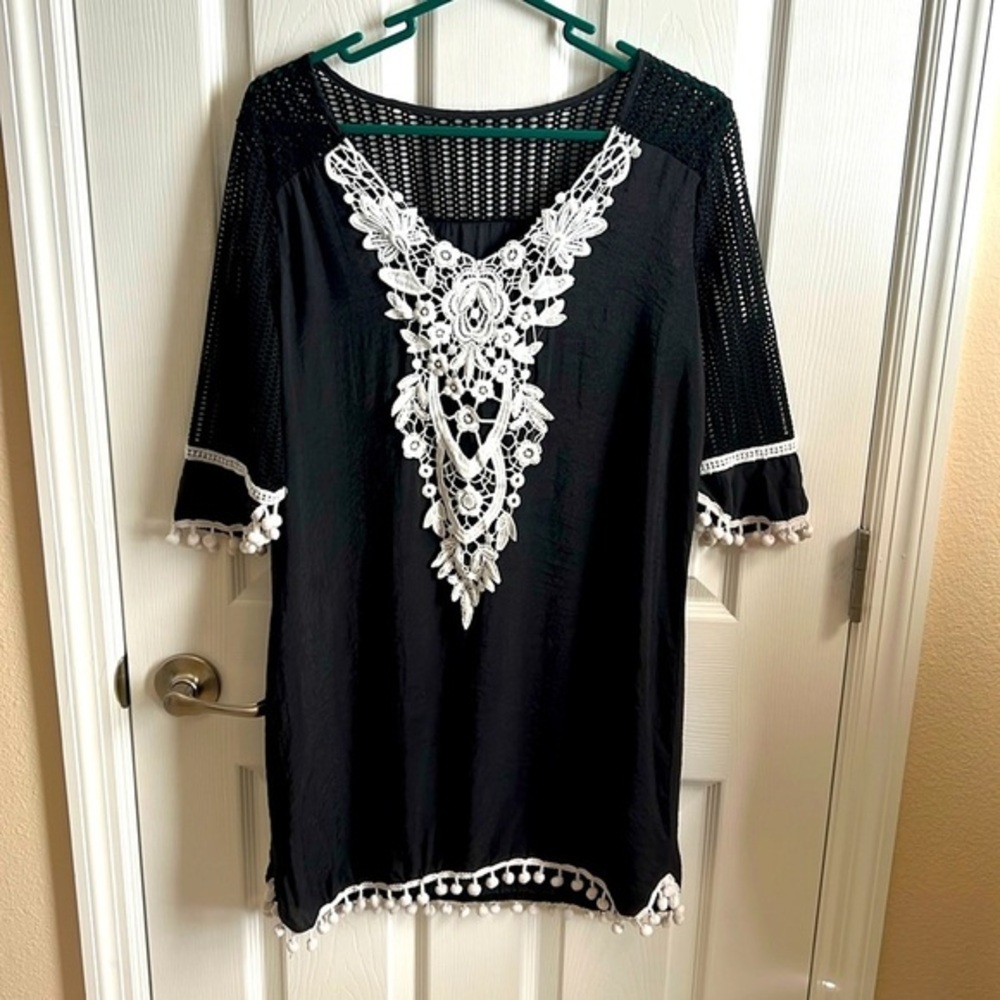 Black Crochet Lace Pom Pom Trim Tunic‎ Dress Swim Cover Up Ladies Small